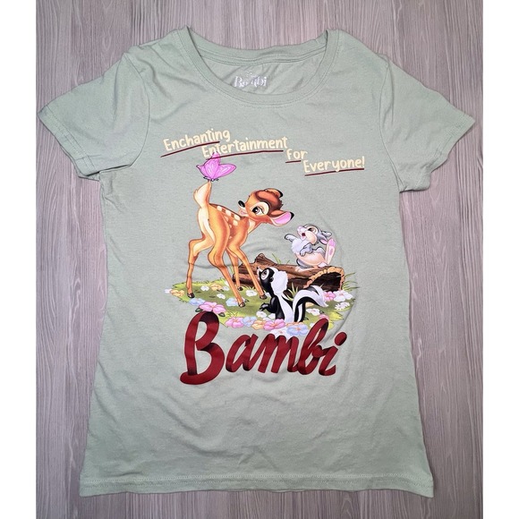 Disney Tops - Disney Women Bambi Graphic Print Short Sleeve Sage Green T Shirt Size Medium